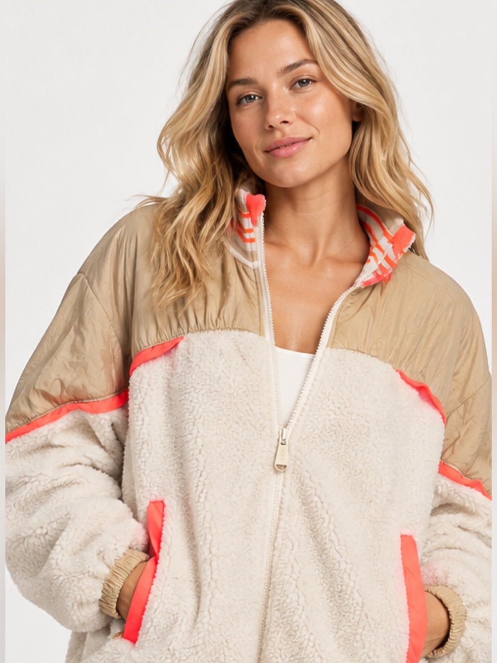 #1036 FP Movement Hit The Slopes Fleece Jacket Small Cream Tan Neon Coral